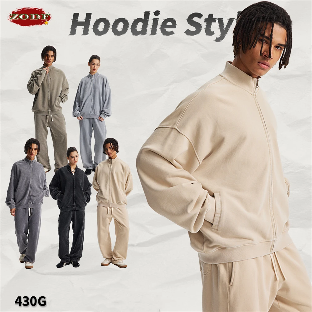 ZODF Retro Winter Man 430gsm 100% Cotton Zipper Sweatshirts Unisex Oversized Distressed Batik Washed Coat HY1141