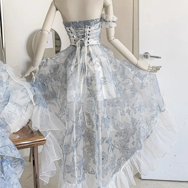 Blue Floral Strapless Dress Women\'s Vintage Lolita