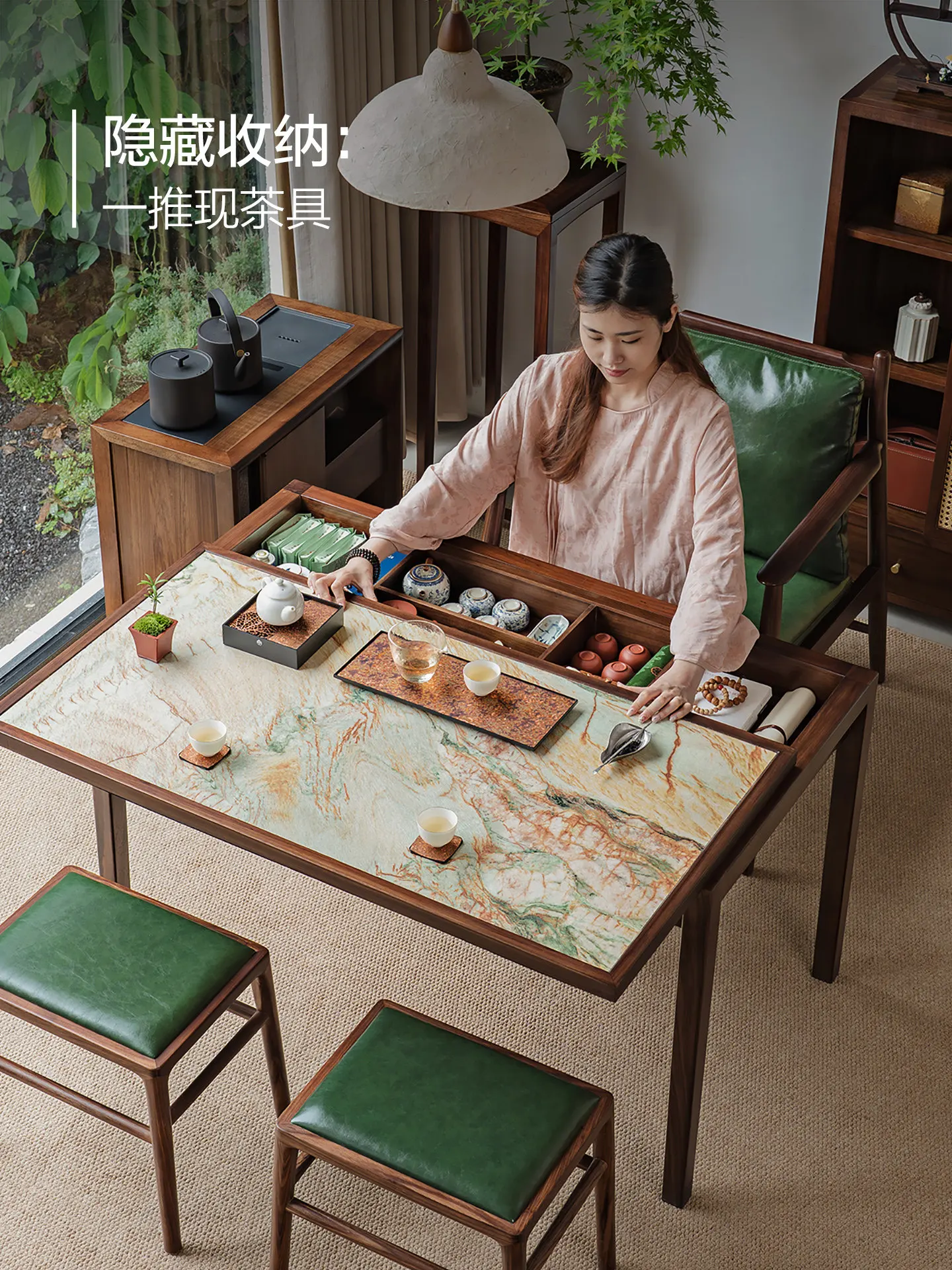 Balcony solid wood tea table, black gold wood tea table, mortise and tenon structure, home reception table and chair combination