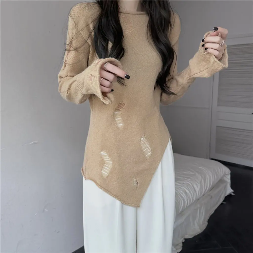 

Women's Irregular Hollow Sweater Chic Blouse Top Tulle Mid-Length Loose Split Sun Protection Autumn Fashion