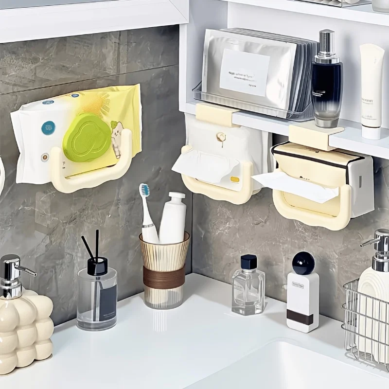 Waterproof Desktop Tissue Organizer Rack, U‑Shaped Punch‑Free Sticky Mount Holder for Kitchen Bathroom Mirror Cabinet Face Towel