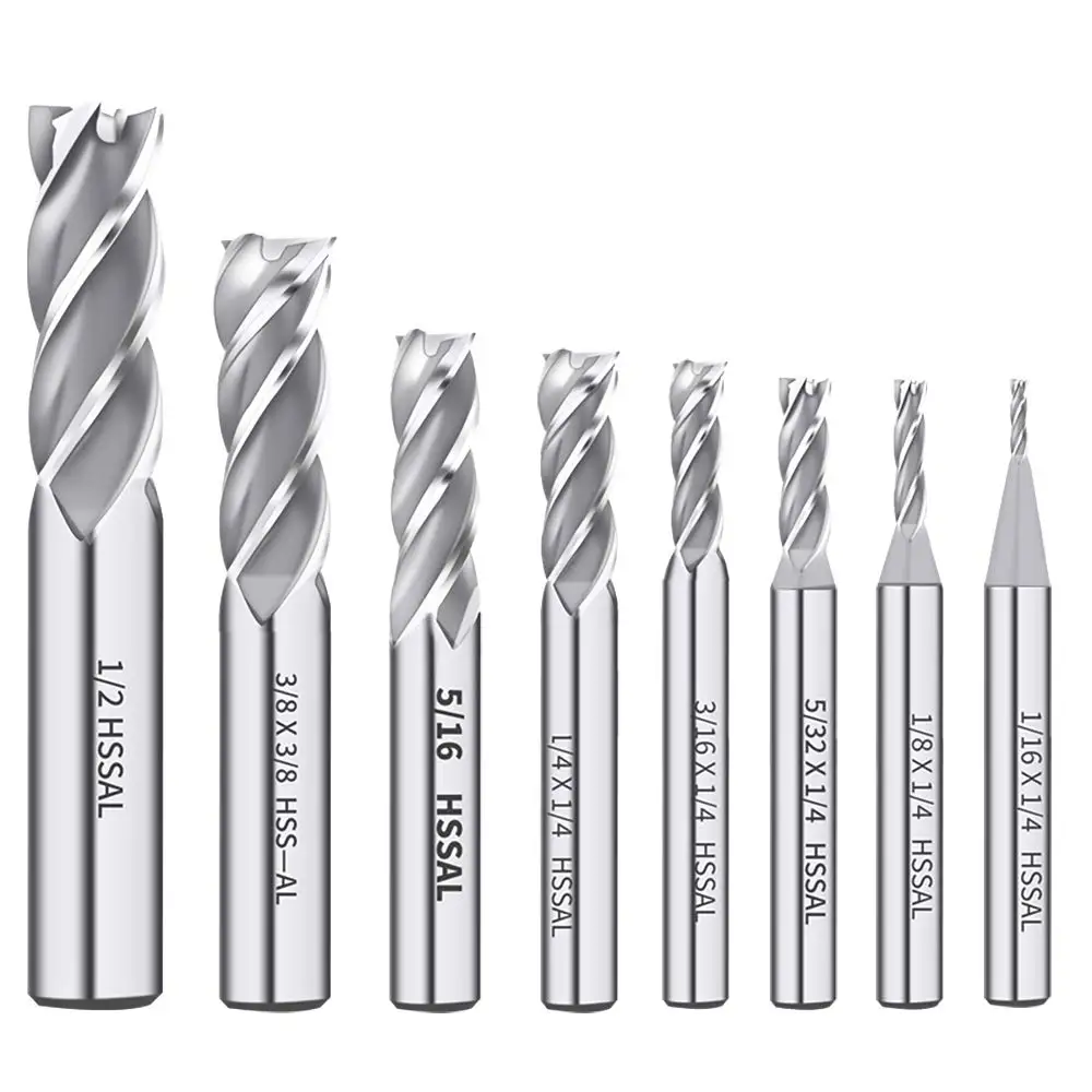 

Set of 8 1/8" 3/16" 1/4" 5/16" 3/8" 1/2" 5/32" 1/16" high Speed Steel HSS 4 Flute Straight End Mill Cutter