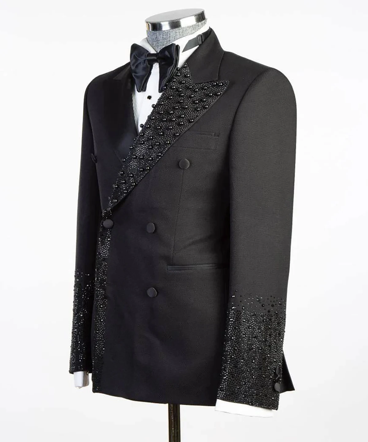 Luxury Men\'s Suits Tailored 2 Pieces Blazer Pants Beads Double Breasted Peaked Lapel Pockets Party Custom Made Plus Size
