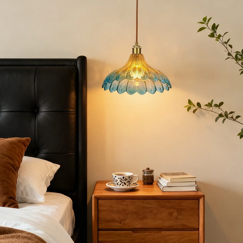 Peacock Feather Design Glass LED Hanging Lamp Bedroom Living Room Chandelier Cafe American Vintage Home Decoration Pendant Light