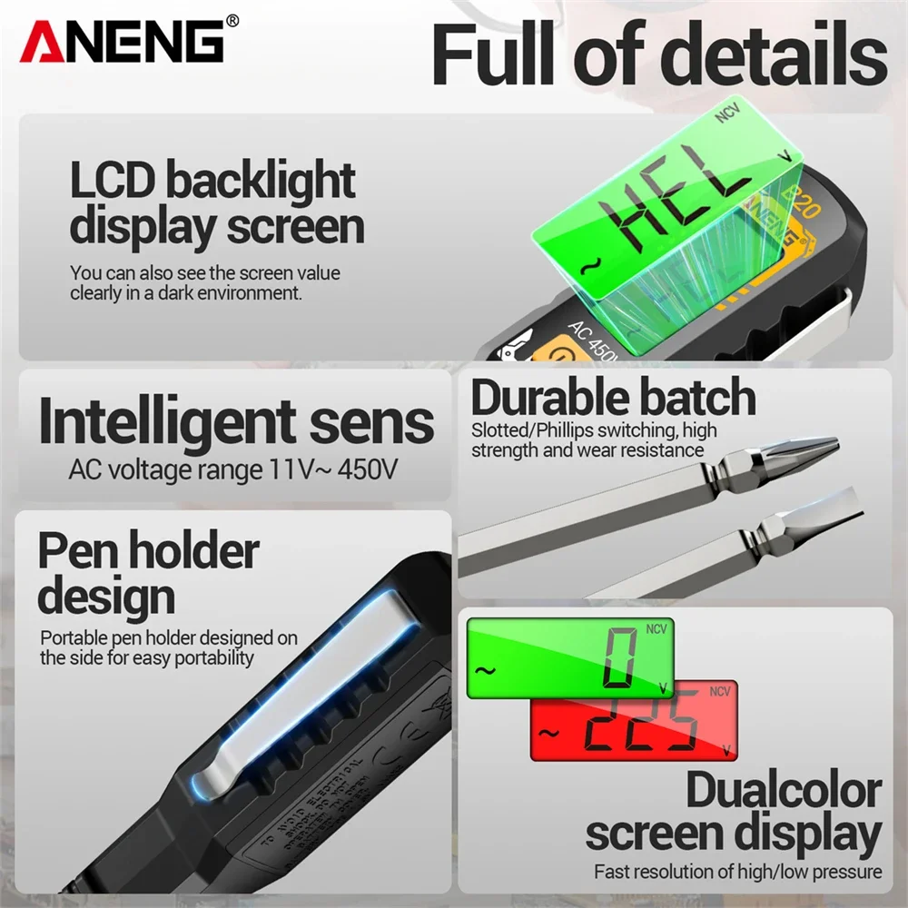 ANENG B20 معزول مفك مزدوج الرأس ثنائي الاستخدام مشقوق عبر تستر القلم مفك مسامير إصلاح الجهد متر أدوات يدوية