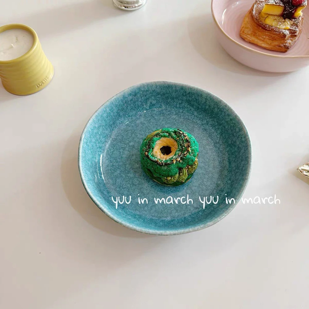 Turquoise Blue Ceramic Plate Exquisite Speckled Texture Glossy Surface Dessert Dining Plates Restaurant Kitchen Serving Tablewar