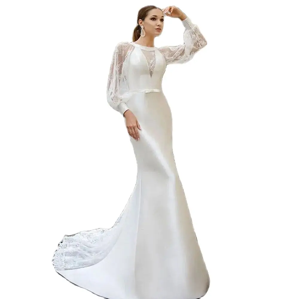 Vestidos De Novia De satén con manga larga abullonada, Vestidos De Novia blancos simples, tren De encaje Sexy, elegante, cuello redondo, 2024