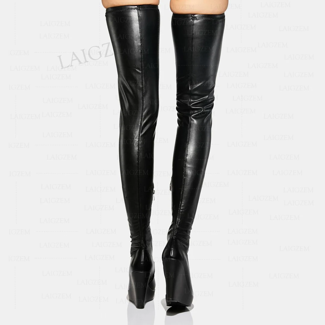 SEIIHEM Women Thigh High Boots Elastic Side Zip Up Platform Wedges Faux Leather Over Knee Boots Shoes Woman Big Size 42 45 48