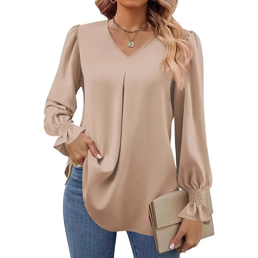 

2026 New V-neck Long Sleeve TK Chiffon Shirt Comfortable Casual Style Women's Loose Fit Drawstring Tunic Top for Summer