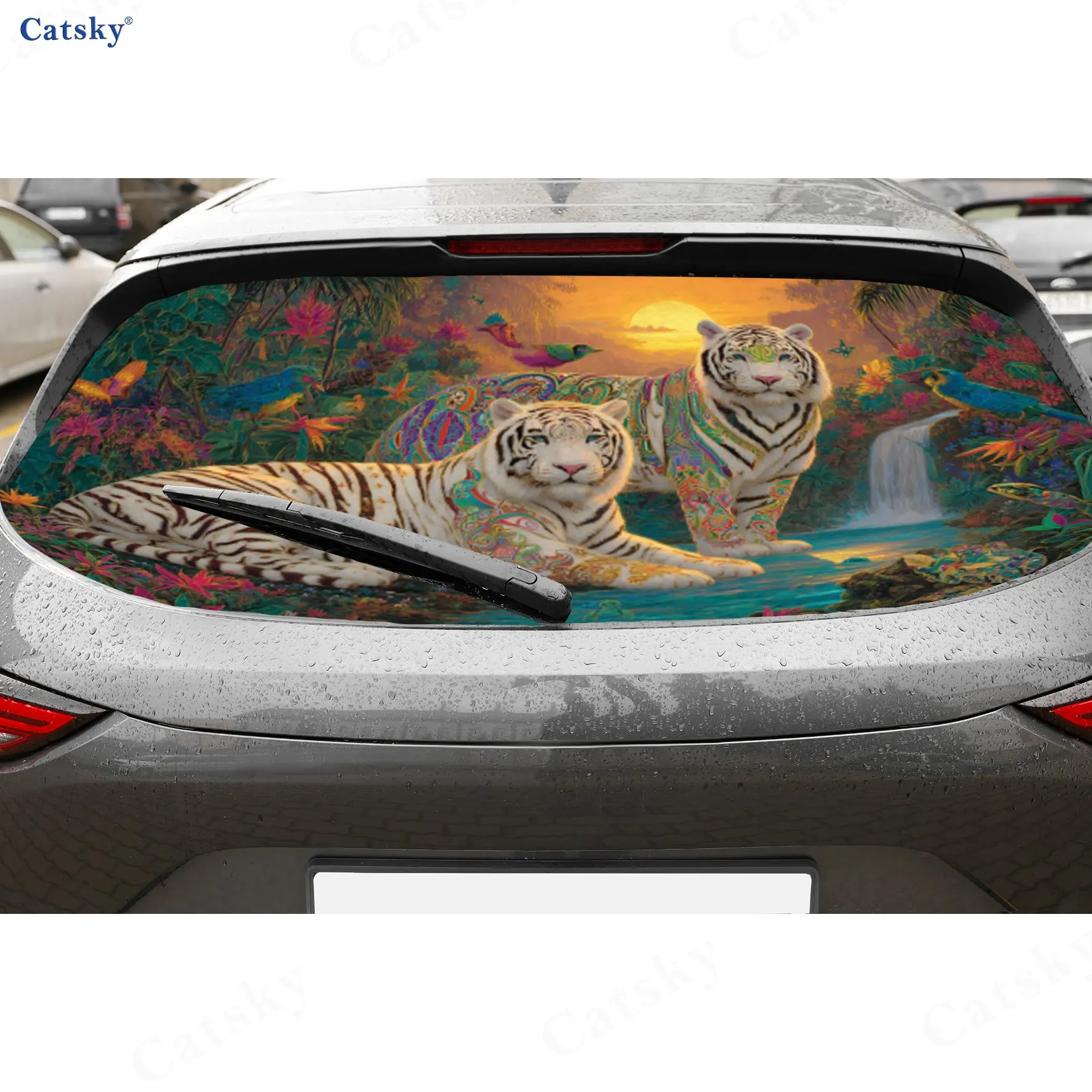 Tropical Scenery White Tiger PVC Perforated Car Vinyl Wraps, Durable Car Rear Windshield Sticker, Waterproof Car Window Decal