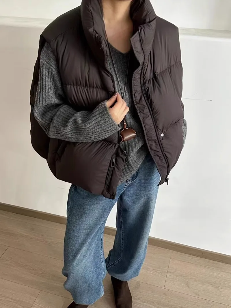 

Осень-зима, теплый пуховый жилет с воротником-стойкой, женский жилет без рукавов на белом утином пуху, женский толстый свободный стеганый жилет на молнии