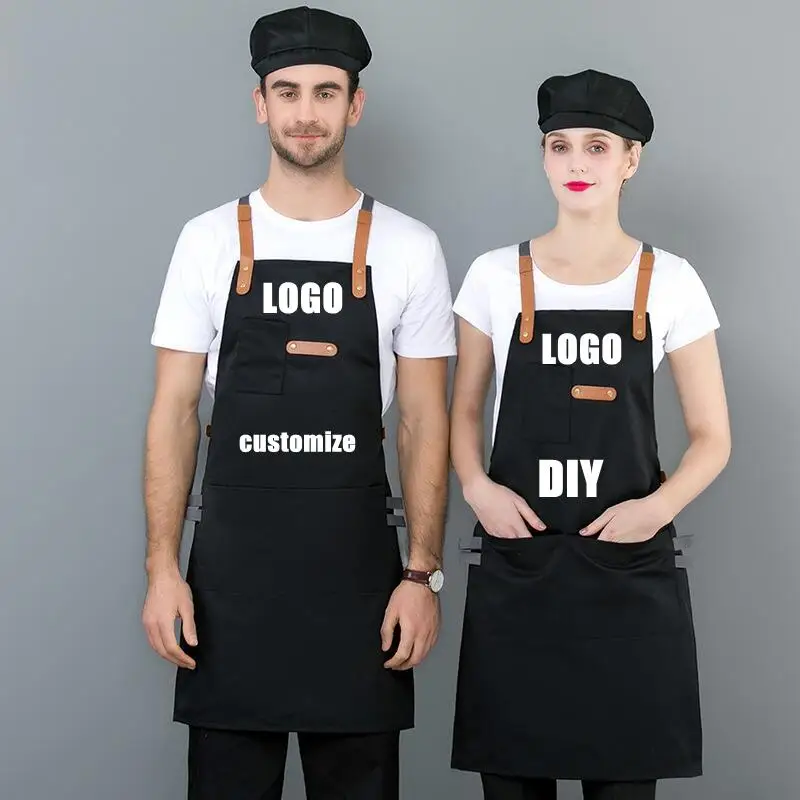 Customized Embroider Logo Signature Waterproof Overalls Denim Canva Kitchen  Chef Baking Clothes With Barber Pockets Adult Apron