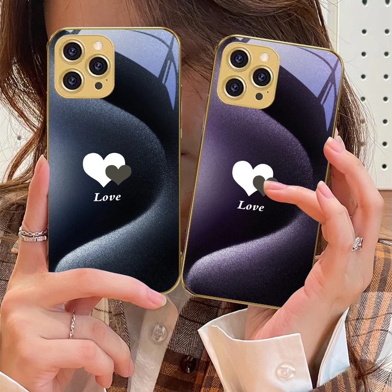 

Gradient white heart For IPhone 16 16Pro Max 15 P ro 14 13 Plus 12 Mini 11Pro Max XS Max XR Golden tempered glass phone case