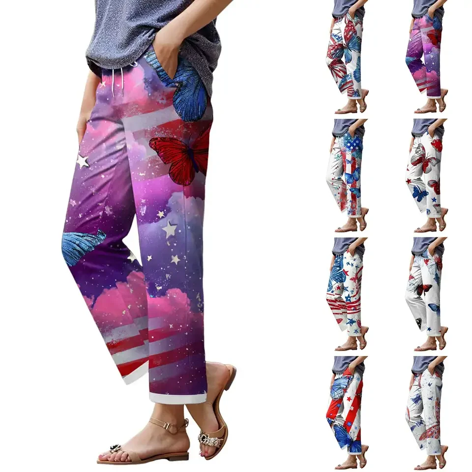 US 250th Independence Day Casual Pants For Women America Flag Graphic 3D Printed Straight Trousers With Pockets Pantalones