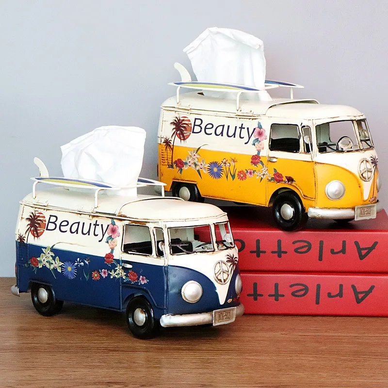 Multicolor Flower Car Model Figurine Tissue Box Home Decoration Ornaments Crafts Vintage Bus Ornament Living Room Decor