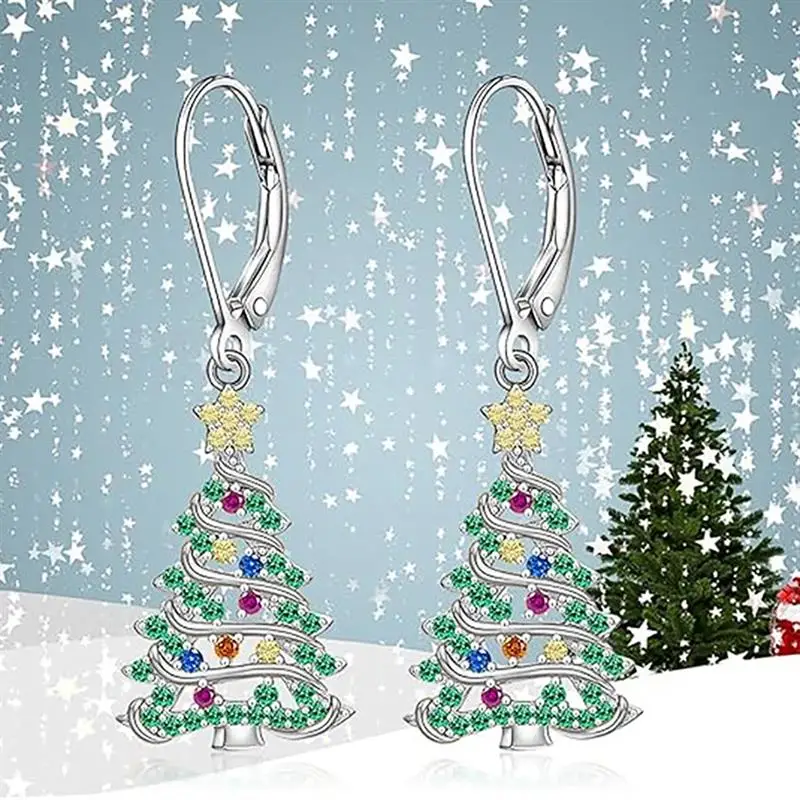 Huitan Bunte Weihnachtsbaum-Ohrhänger für Damen, Ästhetischer Winterschmuck mit Glänzenden Zirkonia, Trendige Festtagsaccessoires