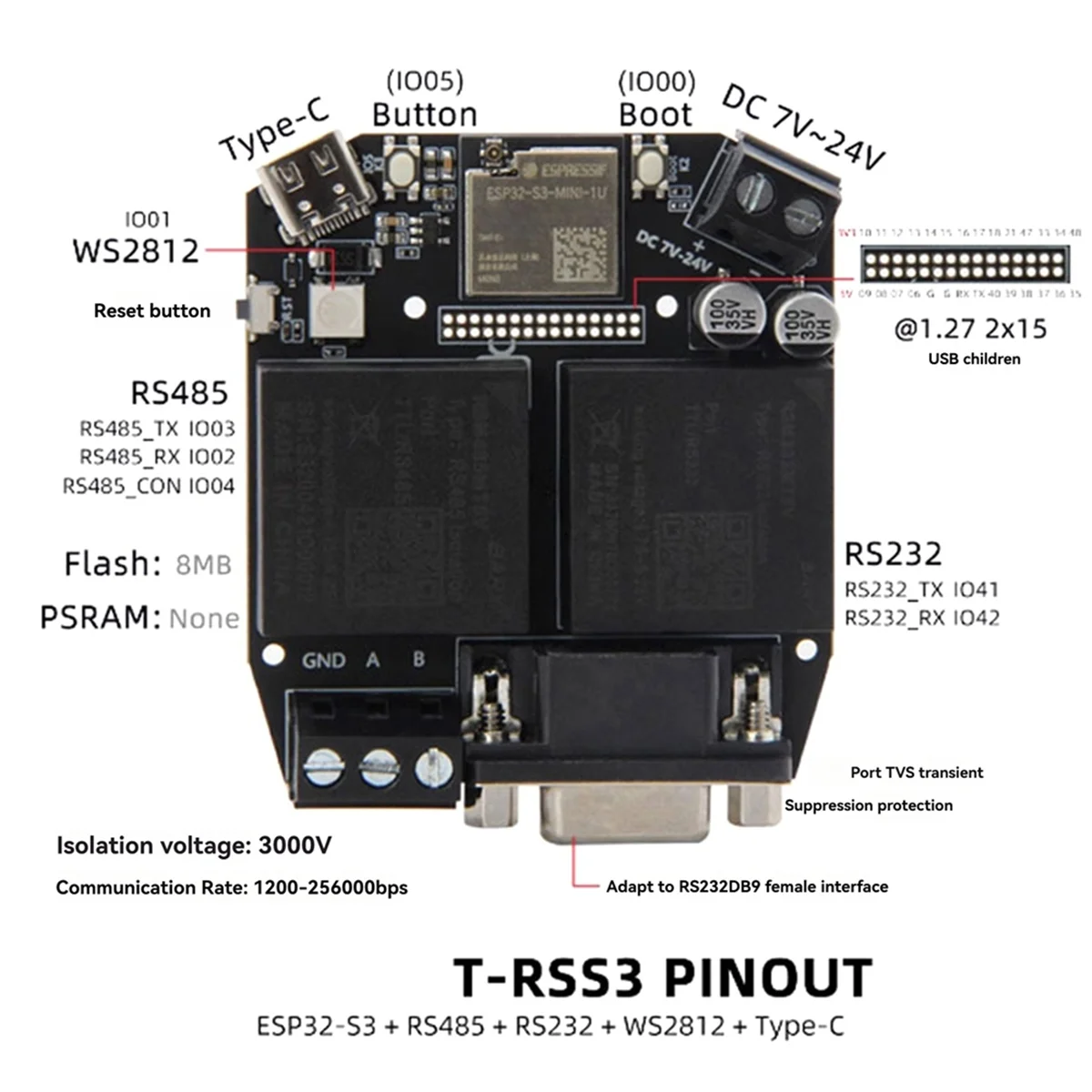 BISMZ T-RSS3 ESP32-S3 開発ボード RS232 RS485 5V モジュールオンボード WS2812 Wi-Fi Bluetooth 5.0 Typs C RSM232MT5V RSM485MT5V