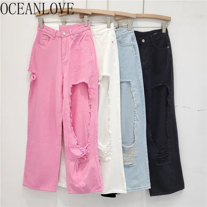 OCEANLOVE Pink Holes Denim Pants Women Solid Y2k Vintage Spring Autumn Pantalones De Mujer Korean Fashion Retro Trousers