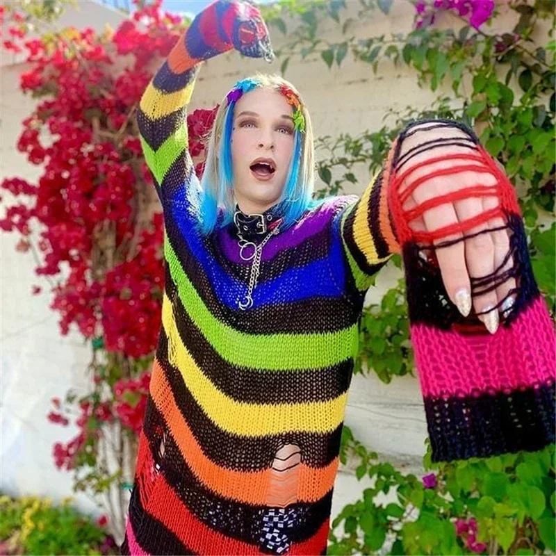 Suéter gótico Punk para mujer, jersey de gran tamaño a rayas, fresco, ahuecado, Agujero roto, estética Harajuku