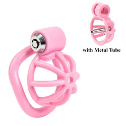 Pink Male Penis Chastity Cage Set Small Bird Chastity Belt With 5 Size Cock Rings and Metal Tube Penis Bondage Slave Man Sex Toy