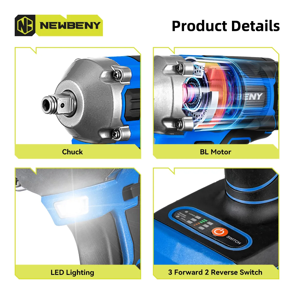 Newbeny 1000n.m chave de impacto elétrica sem escova 1/2 polegada 3 engrenagens sem fio eficiente ferramenta elétrica reparo carro para makita 18v
