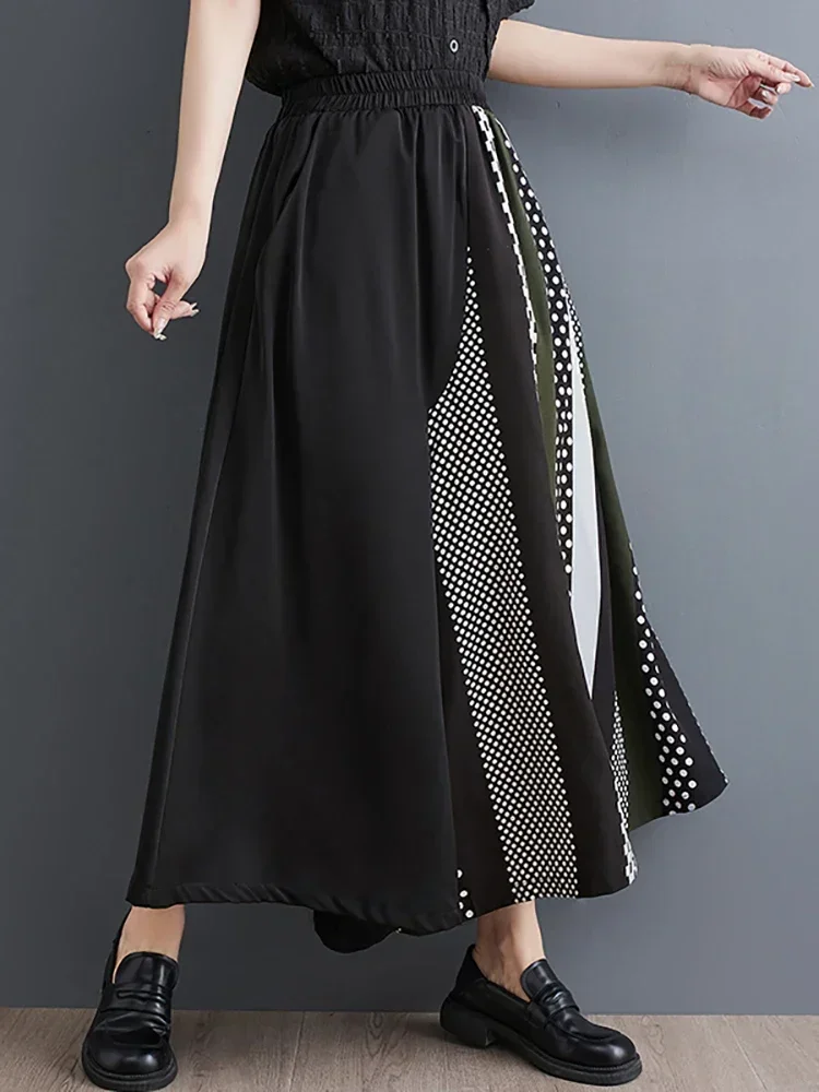 

XITAO Casual Fashion Wide Leg Pants Asymmetrical Contrast Color Dot Striped Nine Points Pants Summer New Culottes Pant HQQ0366