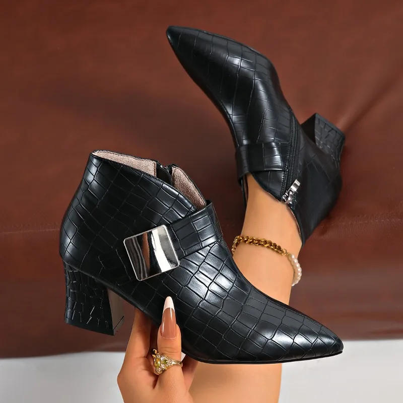 Fashion New Hot Sale Crocodile Pattern Casual Women's Ankle Boots 2026 Trendy Simple Style Pointed Toe Mid Heel Women Boots