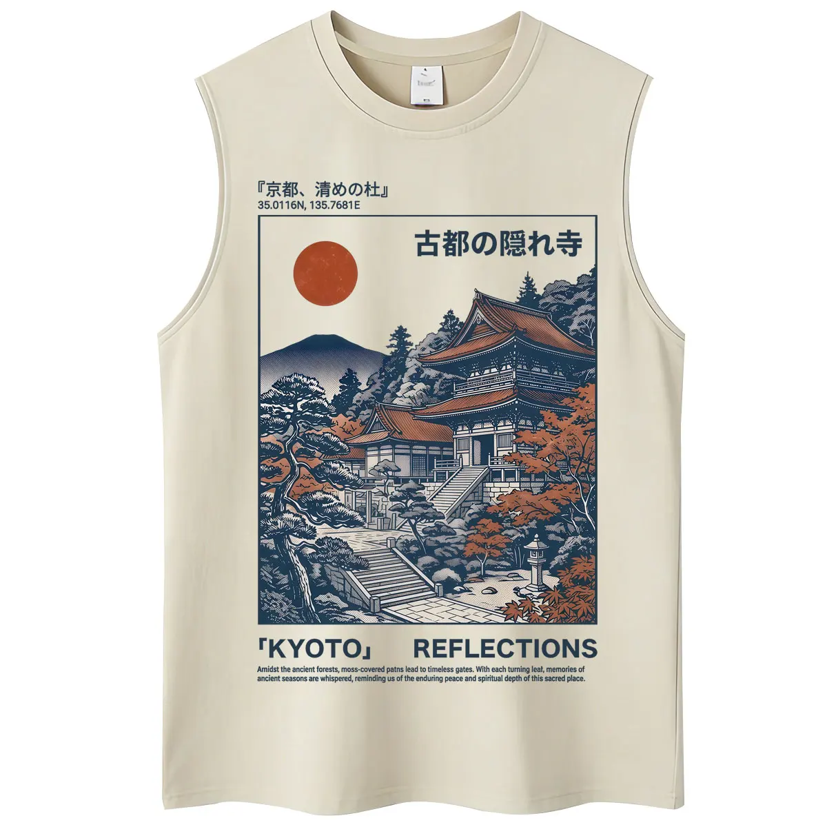 Washed Kyoto Reflections Print Tank Tops Vintage Japanese Ukiyo-e Style Temple Sleeveless Vests Cotton Casual Oversized T Shirt