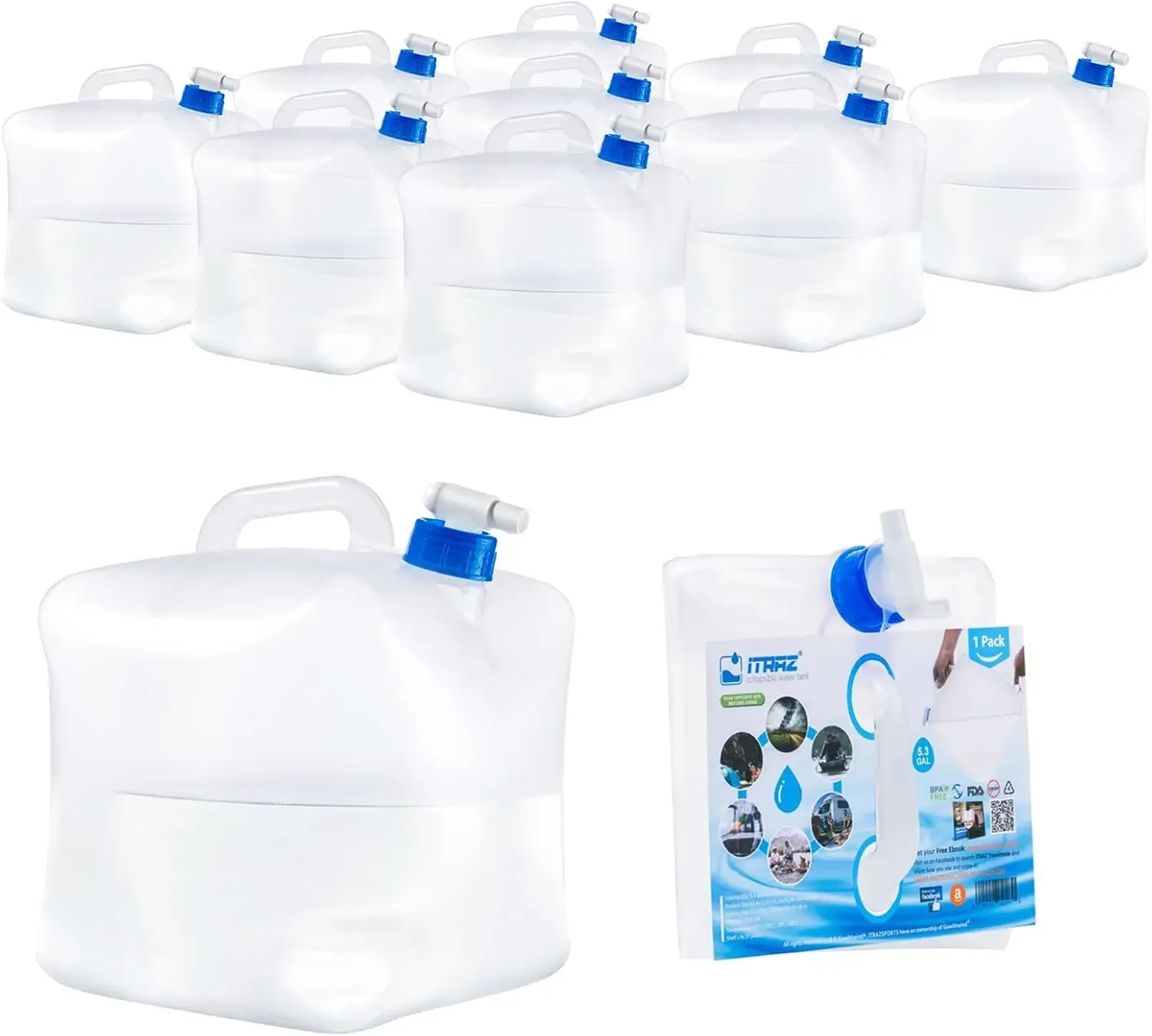 

Collapsible Water Jug, 10 Packs 5.3 Gallon BPA Free Camping Water Container with Spigot, Portable Water Storage Carrier for Emer