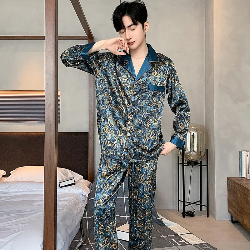 Long Sleeve Mens Stain Silk Pajama Sets and Short Sleeve Shorts Men Pijama Printed Pajamas Men Sleepwear Thin Silk Pajamas Sets