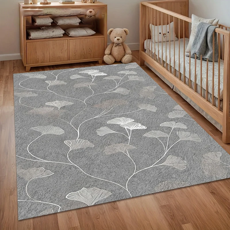 Elegant Ginkgo Leaf Area Rug Non-Slip Carpet for Living Room & Bedroom Gray Background Durable Floor Mat Washable Entry Door Mat