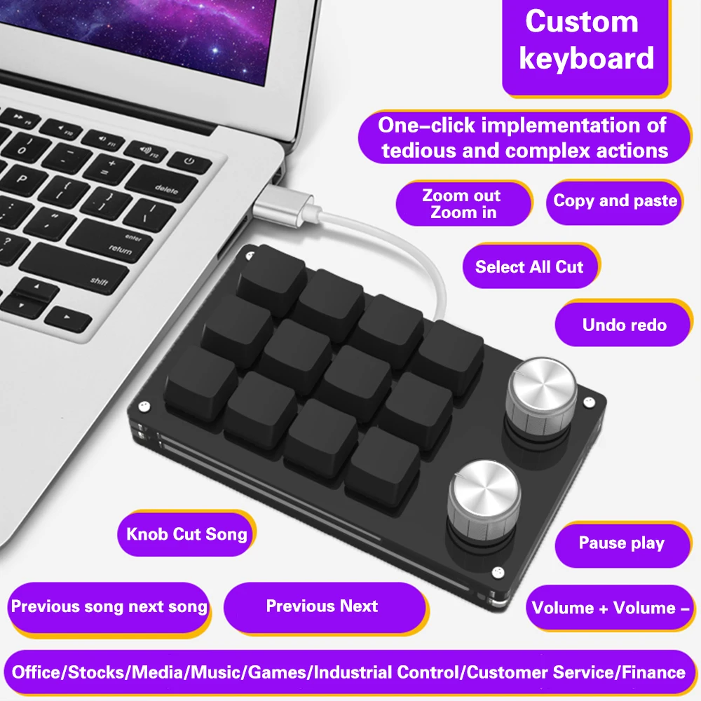 USB Macro Custom Mini Keyboard 12 Keys 2 Knob Programming DIY Mechanical Keyboard Gaming Drawing Switch Portable Hot-swap Keypad