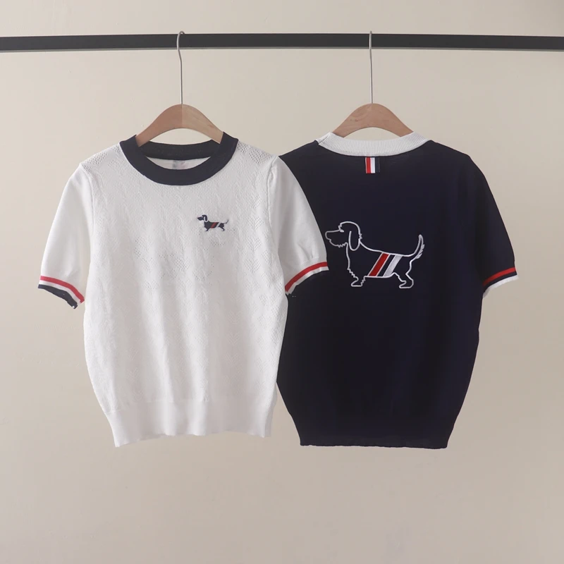 Summer new style college wind cuffs collide color round collar dog embroidered short sleeve sleeve sleeve knit t-shirt shirt thi