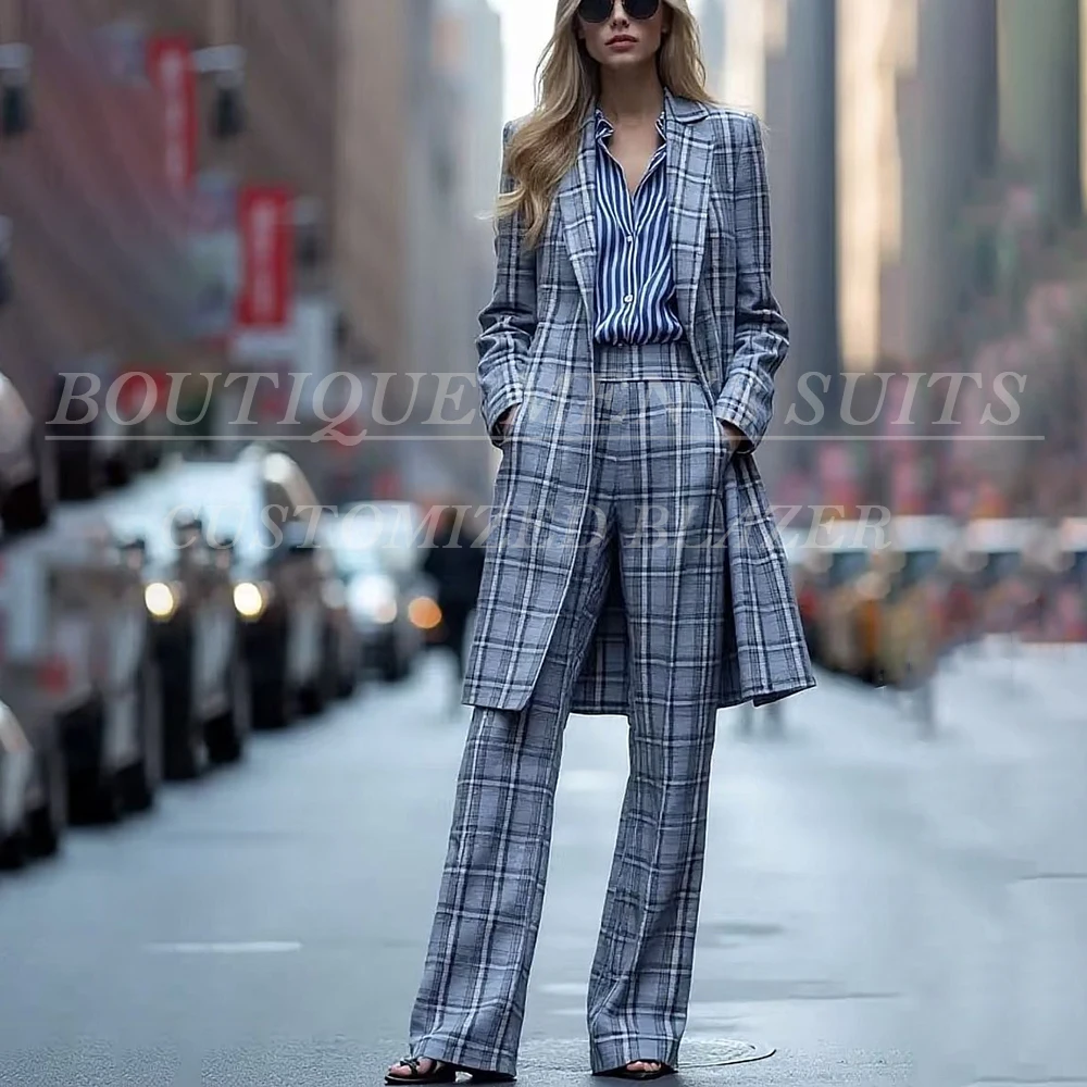 

Элегантная женская одежда, комплекты брюк, индивидуальный клетчатый однобортный длинный пиджак, модное офисное женское пальто из двух предметов с брюками