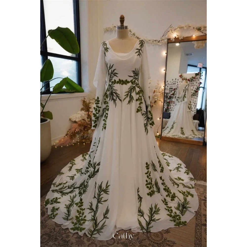 

Cathy White Chiffon Wedding Dress Green Lace Appliques فساتين سهرة Elegant Floor-length Long Train vestidos de fiesta 2024