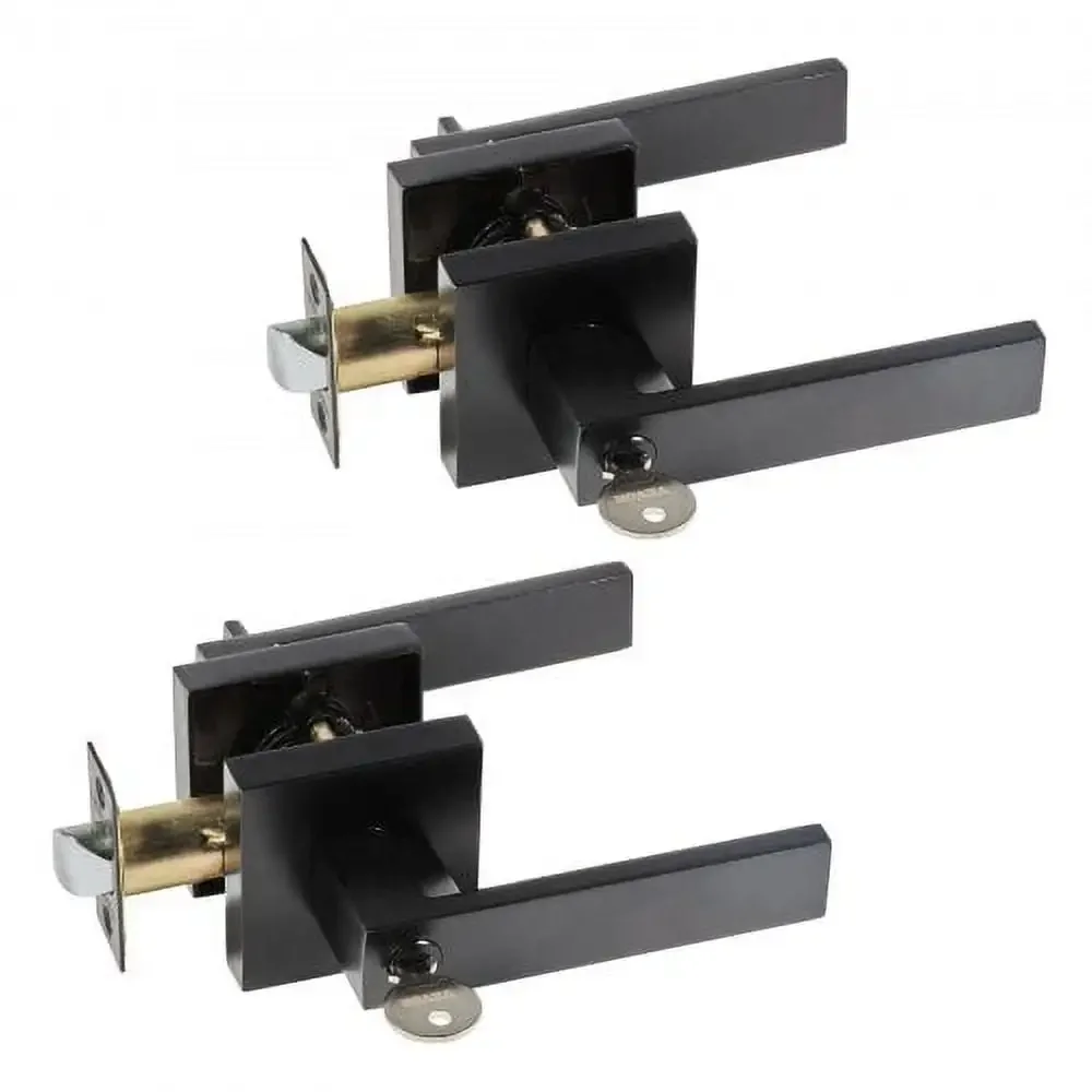 Entry Lever Door Handle, 2 PCS Black Entry Knob, Lock and Key Locking Lever Set, Contemporary Square Door Lever