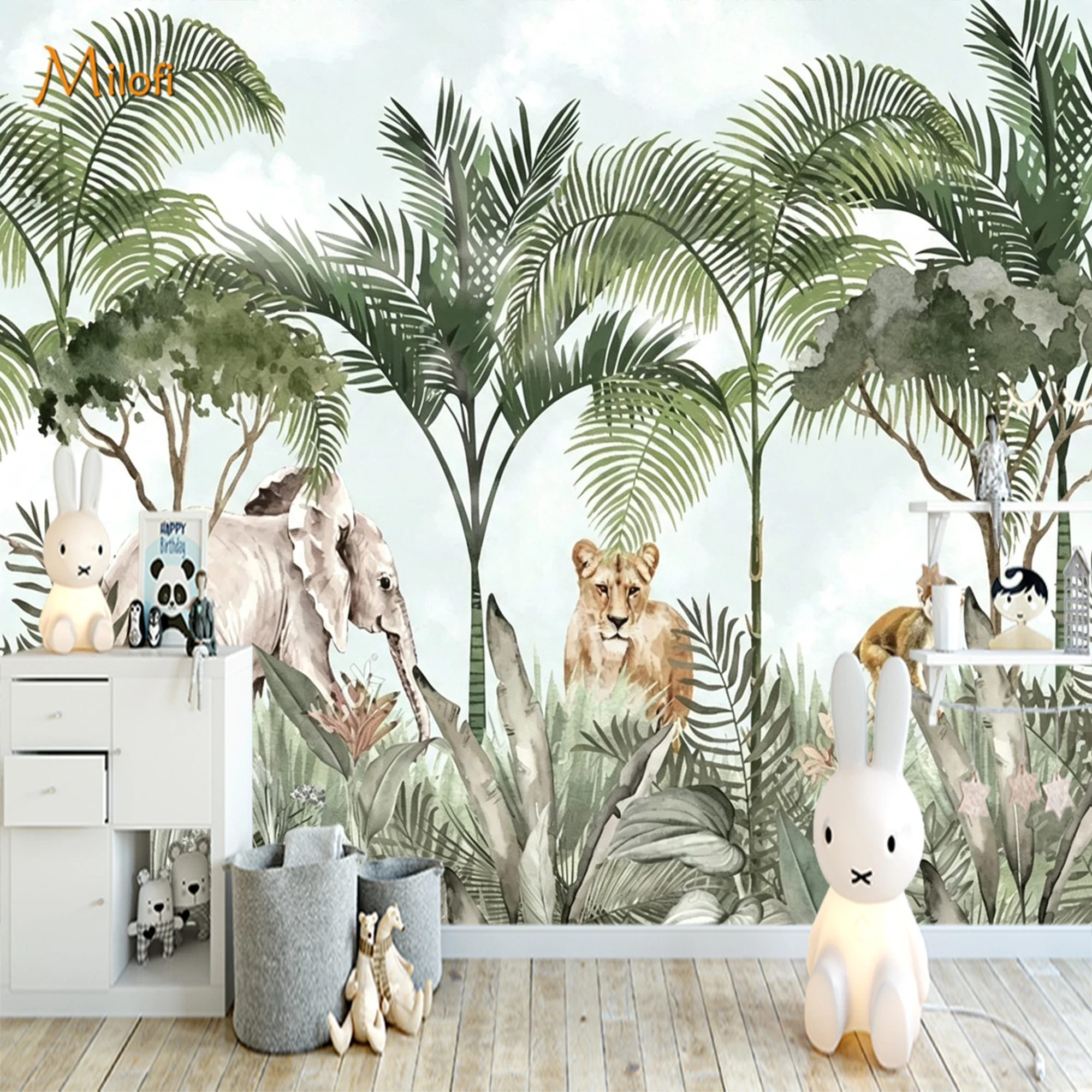 Custom 3D Mural Wallpaper Kids Watercolor Safari Jungle Peel And Stick Wall Mural   Tropical Palm Leaves Nursery  Home Decor