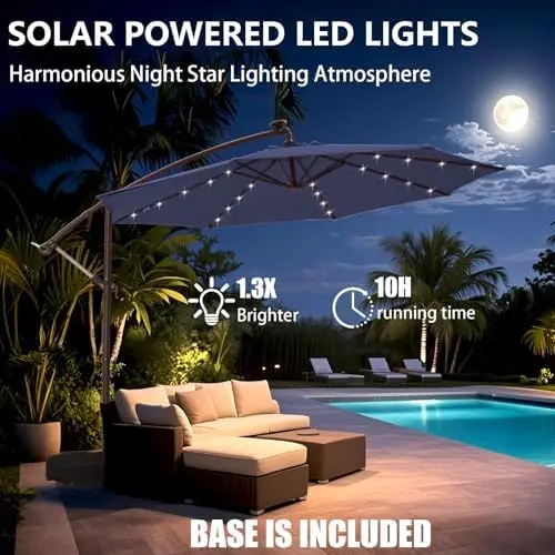 10ft Offset Solar LED Cantilever Umbrella – Durable UV-Resistant Outdoor Patio Umbrella with Easy Tilt for Backyard