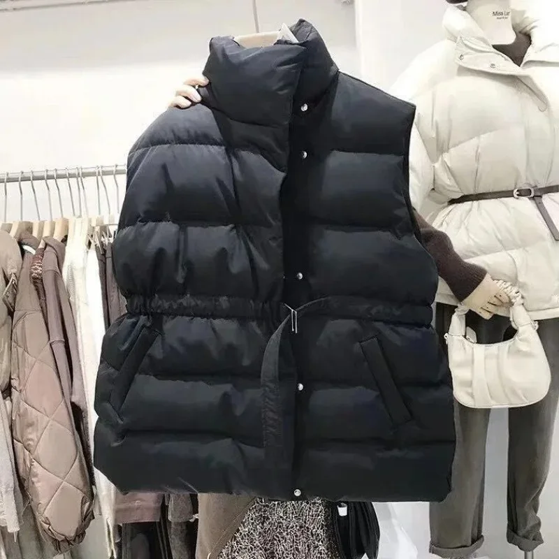 Feminina Winter Coat Women Stand Neck Solid Color Sleeveless Vest Parkas Pockets Drawstring Slim Waist Puffer Jacket