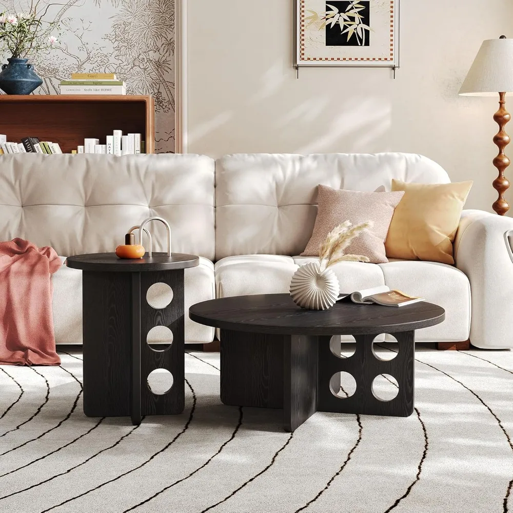 Nesting Coffee Table Set of 2, Modern Wooden Side Coffee Table for Small Space, Black Grain Top with Adjustable Non-S