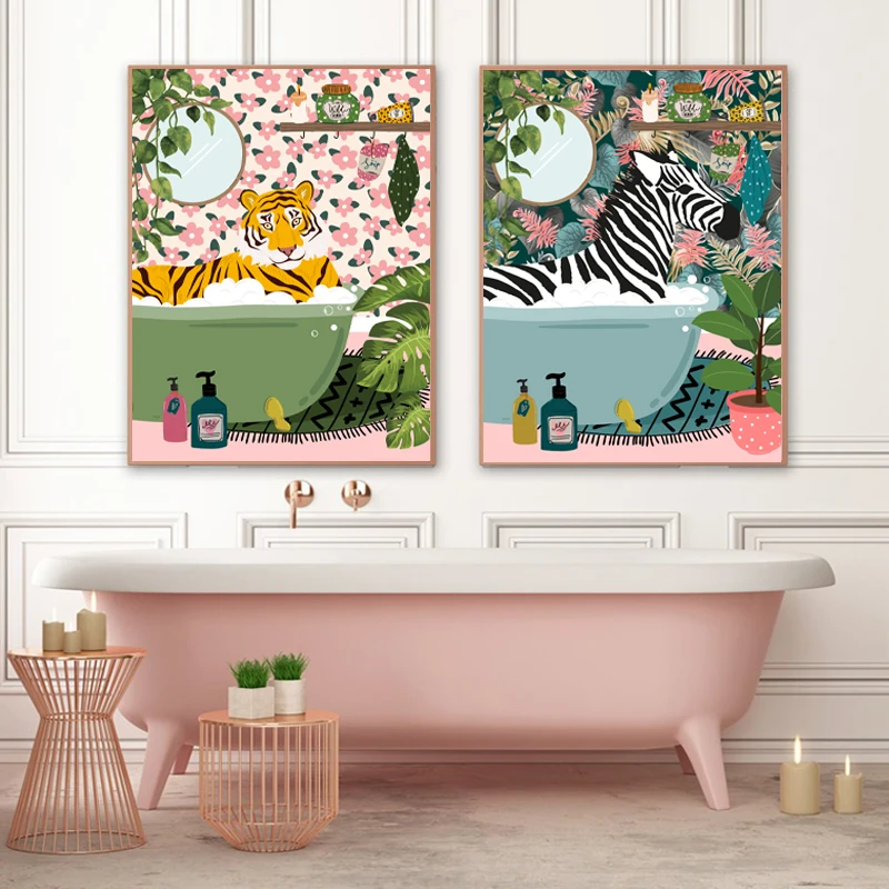 Tiger in Bath Botanical Animal Print Minimalist Zebra in Bathtub Wall Art Canvas Painting Safari Pink Poster Bathroom Decoration