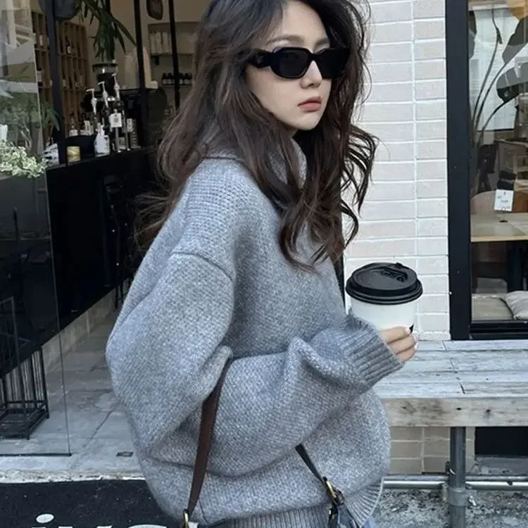 Korejepo Korean Loose Niche Lapel Collar Pullover Lazy Wind Sweater Women 2024 Goddess Autumn Winter New Gray Knitted Top