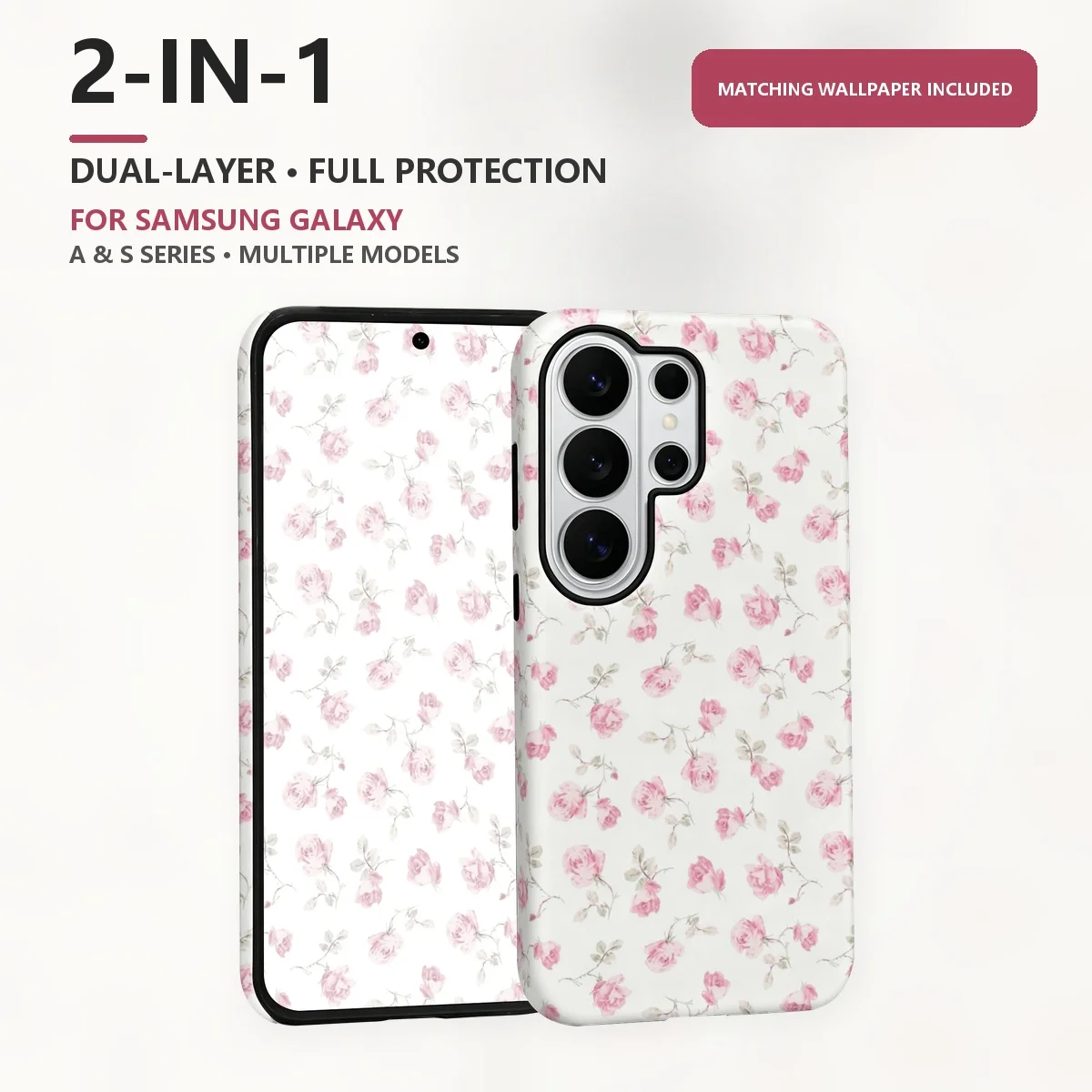 Pink Rose Watercolor 2-in-1 Dual-Layer Phone Case for Samsung Galaxy S26 S25 S24 Plus Ultra FE S20 FE A56 A17 A16 A15