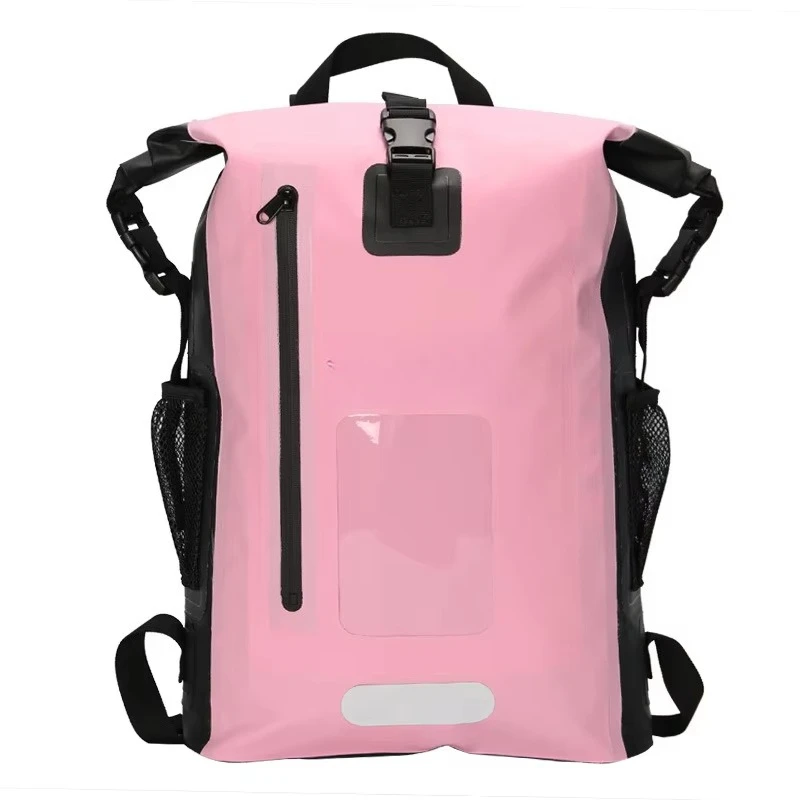 Waterproof backpack dry bag with inner pockets and windows, perfect for kayaking, hiking, and camping