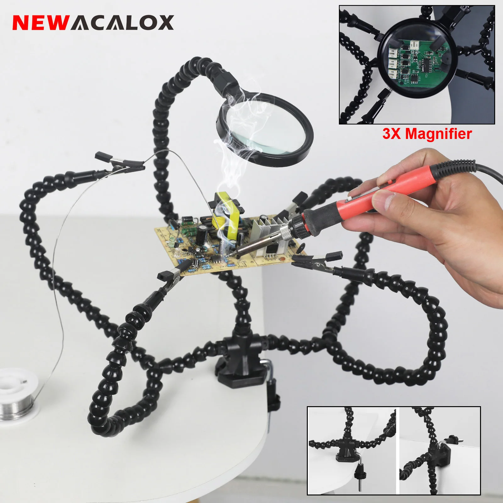 

NEWACALOX Third Hand Soldering Tool Desk Clip Soldering Helping Hands with 3X Magnifier Flexible Arms Welding Repair PCB Holder