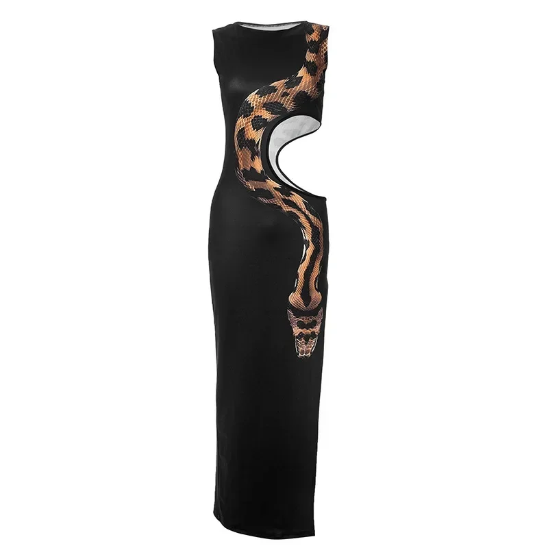 Fashion Black Snake Printed Hollow Out Long Dress Women Sexy O Neck Sleeveless High Split Slim Robes 2024 Lady Party Night Gowns