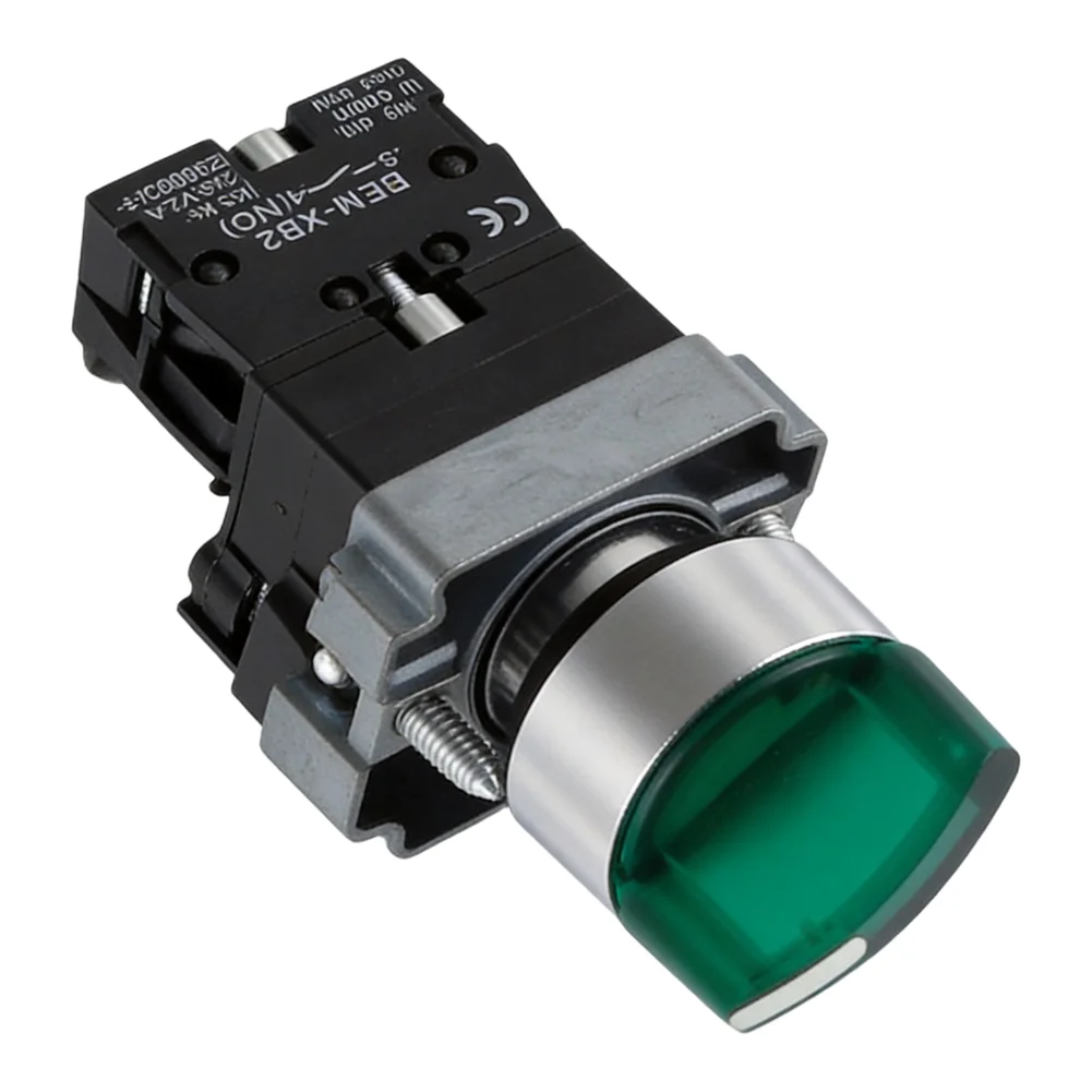 22MM 220V AC Rotary Selector Switch with Green LED Illumination and Latching Mechanism for Industrial Motor Control Applications