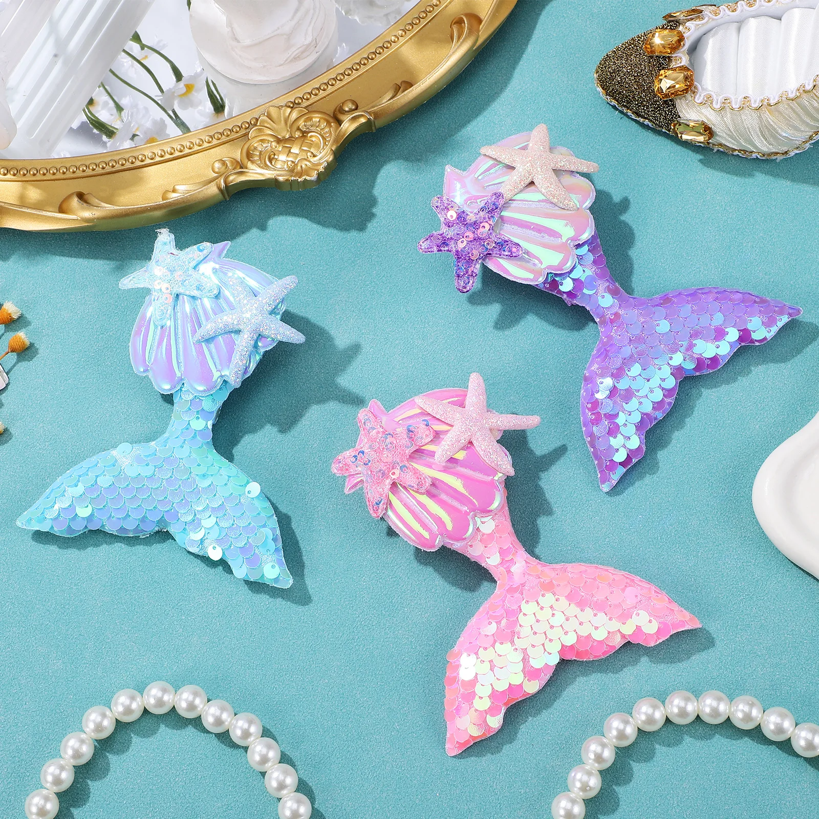 

6 Pcs Mermaid Hair Clips Ocean Themed Accessories Girls Women Seashell Fabric Kids Duck Billed Clip Party Birthday