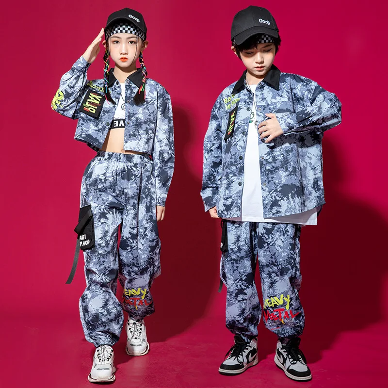 

Kid Kpop Hip Hop Clothing Camouflage Crop Top Shirt Streetwear Strap Cargo Jogger Pants for Girl Boy Jazz Dance Costume Clothes
