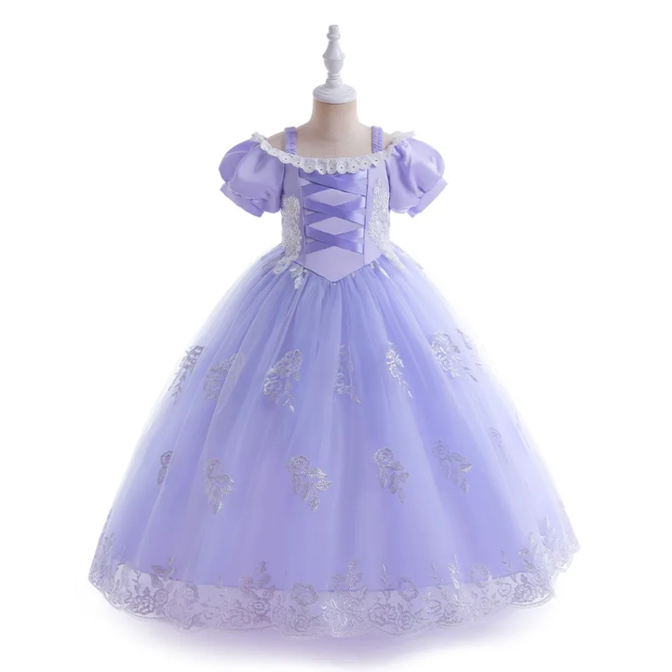 Princess Girls Rapunzel Dress Up Costume Short Sleeve Lace Embroidery Long Tulle Kids Halloween Carnival Birthday Party ASQ03